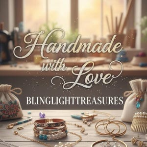 May include: An assortment of handmade jewelry, including bracelets, necklaces, and earrings, is displayed on a wooden surface. The image features the text "Handmade with Love" and the shop name "BLINGLIGHTTREASURES". The jewelry includes gold, silver, and beaded pieces.
