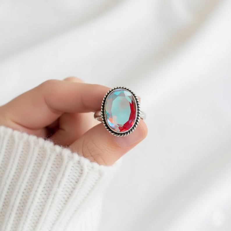 Luxury Mystic Topaz Ring - Solid Sterling Silver Bezel Setting with Twisted Rope Border - Genuine Oval Multi-Tone Crystal Ring - Hand Finished Fine Jewelry for Women - Exclusive Designer Style - Gift for Her - Mother's Day, Anniversary, Birthday - Unique and Powerful Statement Piece - Natural Stone Beauty with Iridescent Coating - Adjustable or Standard Size Available - Ready to Gift - Elevate Your Collection with This Rare and Captivating Gem