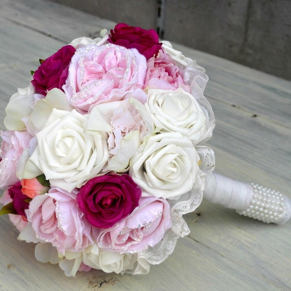Fabric Bridal Bouquet, Romantic Rose Bouquet, Ivory, White, Pink, Fuscia, Peach Flower Wedding bouquet, Bridal  Bouquet,