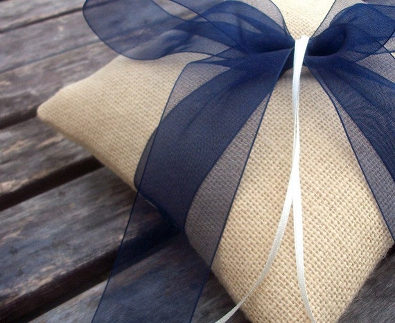 Wedding Ring Bearer Pillow In Ecru Burlap Hessian And Navy Etsy