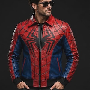 Könnte beinhalten: Eine rot-blaue Lederjacke mit einem schwarzen Spinnenemblem auf der Brust und einem schwarzen Spinnennetzmuster auf den roten Bereichen. Die Jacke verfügt über einen Kragen, einen durchgehenden Frontreißverschluss und schwarze Rippbündchen.
