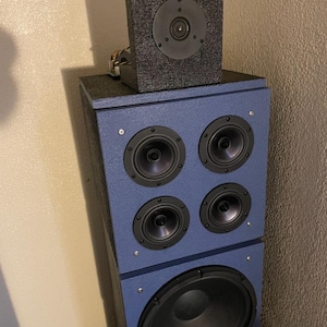 May include: A tall blue speaker cabinet featuring four mid-range drivers and one large circular woofer, topped with a separate black textured speaker unit containing a single tweeter. The blue cabinet has a rough finish and silver screws.