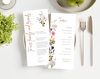 Floral Wedding Place Setting: Bright Welcome & Thank You (Editable, Instant Download)