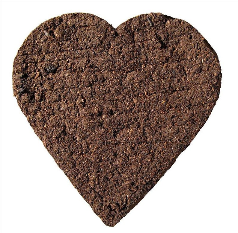 May include: A heart-shaped piece of pressed soil, with a rough, textured surface. The soil is a dark brown color.