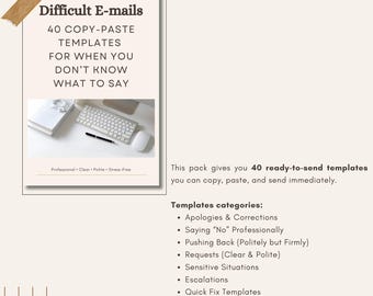 Difficult Email Replies Templates | 40 Professional Copy-Paste Messages | PDF | Workplace Communication Guide | Digital Download