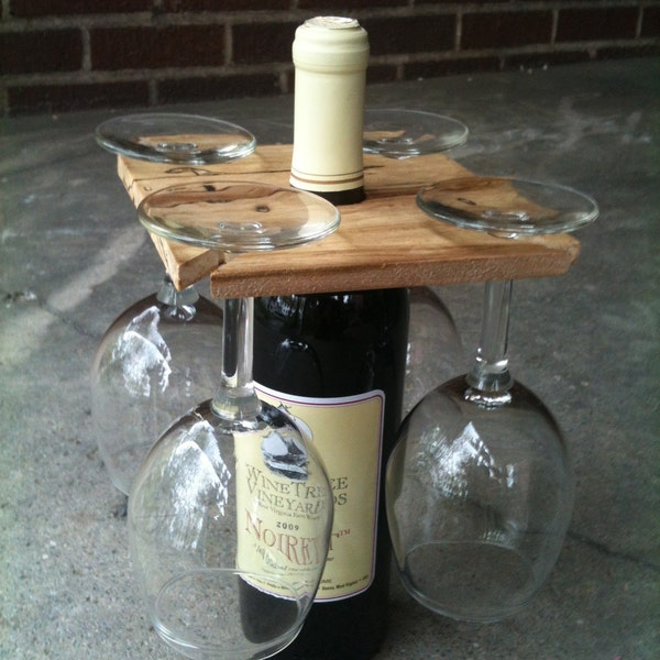 Party of Four hardwood rack for wine bottle and four glasses.  Inventory clearance: 10.00 each, free shipping.  Great host gift.