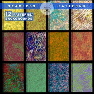 Peut inclure: Une collection de 12 motifs et fonds d'écran sans couture de différentes couleurs. Les motifs comprennent des motifs abstraits avec des textures et des effets de coups de pinceau. L'image contient le texte "SEAMLESS PATTERNS" et "12 PATTERNS/ BACKGROUNDS".