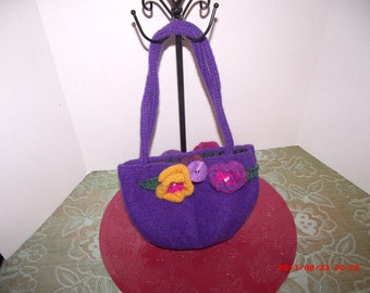 Hand knitted wool Felted purse purple: lined with ripstop nylon.