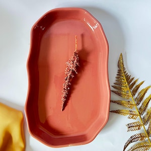 Peut inclure: Un plateau en céramique rose poudré avec une forme organique irrégulière et des bords surélevés. Au centre du plateau se trouve une tige de plante séchée et texturée d'une couleur rose poudré assortie. La surface est lisse et brillante.