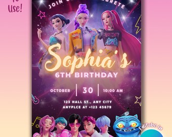 Invitación de cumpleaños de Cazador de Demonios K-Pop, diseños de entradas editables, pase para fiesta estilo concierto, descarga digital, plantillas de Canva