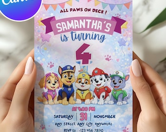 Plantilla editable de invitación de cumpleaños con temática de cachorros / Cumpleaños de la Patrulla Cachorros para niños y niñas / Invitación imprimible para fiesta infantil / Descarga instantánea