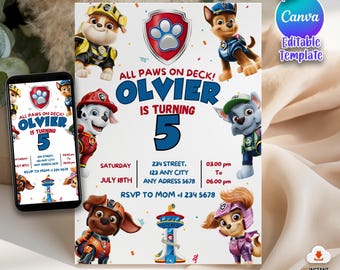 Plantilla editable de invitación de cumpleaños con temática de cachorros / Cumpleaños de la Patrulla Cachorros para niños y niñas / Invitación imprimible para fiesta infantil / Descarga instantánea
