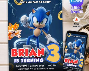 Invitación de cumpleaños de Sonic 3, invitación para fiesta de Super Hedgehog Boys, invitación para fiesta de Super Sonic, plantilla editable de invitación de Sonic, plantilla de Canva