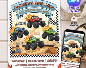 Invitación de cumpleaños de Monster Truck: Fiesta de camiones de acuarela (Plantilla Canva, descarga digital, 13 x 18 cm)