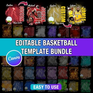 May include: A digital template bundle for basketball designs. The image features customizable templates with lightning bolt backgrounds, player portraits, and text fields. Includes the text "EDITABLE BASKETBALL TEMPLATE BUNDLE" and "EASY TO USE".