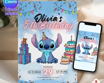 Plantilla de invitación editable para fiesta de cumpleaños de Stitch / Invitación para fiesta de cumpleaños en la piscina de Stitch / Evite de cumpleaños de Stitch / Invitación de cumpleaños de dibujos animados