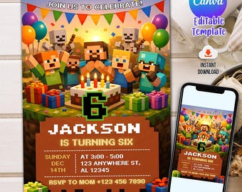 Invitación de cumpleaños de píxeles editable / Plantilla digital de temática de píxeles para descargar en Canva / Invitación a fiesta de bloques / Invitación de cumpleaños de gamer para niños