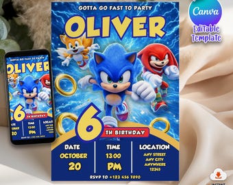 Invitación de cumpleaños de Sonic para fiesta infantil, invitación para fiesta de Sonic el Erizo, cumpleaños editable de Sonic 3 para niñas, descarga instantánea