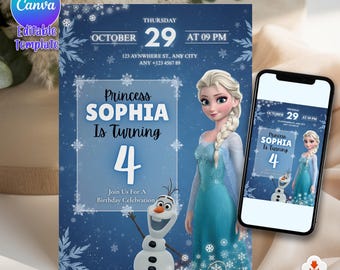 Invitación de cumpleaños de Frozen Four: La primera vez en la eternidad. Invitación de cumpleaños número 4 de Frozen. Invitación para la cuarta fiesta infantil. Tema de Elsa y Anna. EDITABLE.