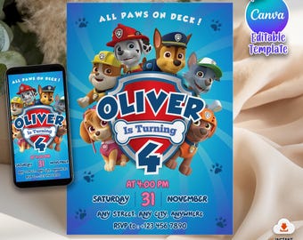 Plantilla editable de invitación de cumpleaños de Paw-ty / Invitación imprimible para fiesta infantil / Cumpleaños de la Patrulla de Cachorros para niños y niñas / Descarga instantánea