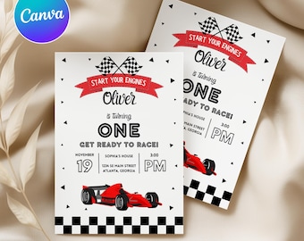 Plantilla editable de invitación de cumpleaños de Fórmula 1. Invitación de primer cumpleaños de F1. Invitación de cumpleaños con temática de coches de carreras de F1. Invitación de cumpleaños "Dos rápidos" para cualquier edad.