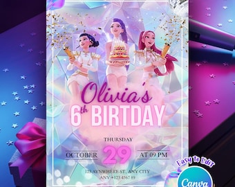 Invitación de cumpleaños editable de Kpop Demon Hunters para niñas, invitación para fiesta infantil de Kpop, invitación de cumpleaños con temática musical, descarga digital imprimible de 5x7