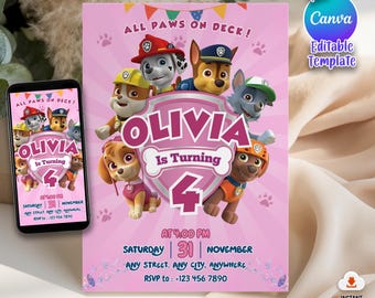 Plantilla editable de invitación de cumpleaños de Paw-ty, invitación para fiesta infantil, cumpleaños de cachorros de la Patrulla Canina para niños y niñas, descarga instantánea