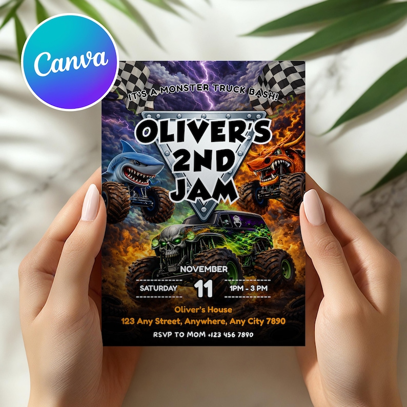 Puede incluir: Una colorida invitaci&oacute;n para la fiesta de cumplea&ntilde;os n&uacute;mero 2 de Oliver, con monster trucks con dise&ntilde;os de tiburones, tigres y calaveras. La invitaci&oacute;n incluye el texto "It's a Monster Truck Bash!" y detalles del evento para el 11 de noviembre.