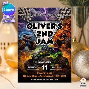 Puede incluir: Invitaci&oacute;n digital para una fiesta de cumplea&ntilde;os con tem&aacute;tica de monster trucks. El dise&ntilde;o presenta monster trucks con temas de tiburones, dragones y calaveras, con el texto "Oliver's 2nd Jam" y detalles del evento. El fondo tiene un cielo tormentoso y ardiente.