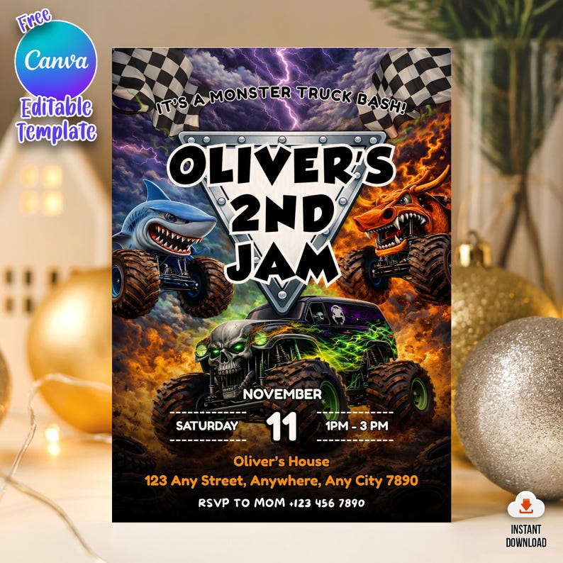Puede incluir: Invitaci&oacute;n digital para una fiesta de cumplea&ntilde;os con tem&aacute;tica de monster trucks. El dise&ntilde;o presenta monster trucks con temas de tiburones, dragones y calaveras, con el texto "Oliver's 2nd Jam" y detalles del evento. El fondo tiene un cielo tormentoso y ardiente.