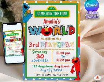 Invitación de cumpleaños de Elmo / Plantilla editable de invitación de dibujos animados para niños / Fiesta temática de Barrio Sésamo / Descarga digital