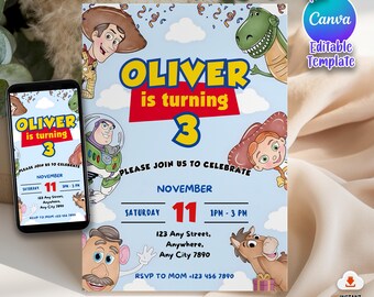 Plantilla de invitación editable de Toy Story, fiesta de cumpleaños de Toy Story, tercera invitación digital, fiesta de cumpleaños infantil, Woody, tienes un amigo
