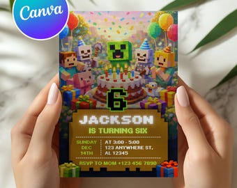 Invitación de cumpleaños de píxeles editable / Plantilla digital de temática de píxeles para descargar en Canva / Invitación a fiesta de bloques / Invitación de cumpleaños de gamer para niños