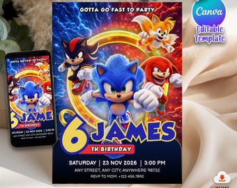 Invitación de cumpleaños de Sonic, invitación para fiesta de Sonic the Hedgehog, Canva editable de 5 x 7 pulgadas, descarga digital instantánea