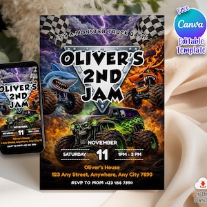 Puede incluir: Invitaci&oacute;n digital para una fiesta de cumplea&ntilde;os con tem&aacute;tica de monster trucks. El dise&ntilde;o presenta monster trucks con gr&aacute;ficos de tiburones, dragones y calaveras. La invitaci&oacute;n incluye el texto "Oliver's 2nd Jam" y los detalles del evento.