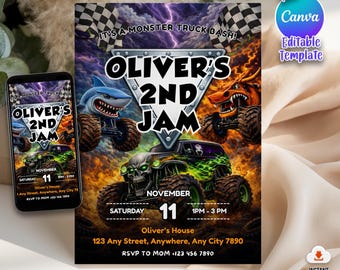 Invitación de Monster Truck, plantilla editable de invitación de cumpleaños de Monster Truck para niños, invitación de cumpleaños de camiones, invitación de Monster Truck