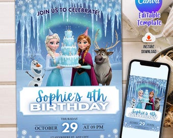 Invitación de cumpleaños de Frozen editable, fiesta de cumpleaños de Frozen, invitación de Elsa y Anna, tema de invitación de cumpleaños de Frozen para niña, descarga digital