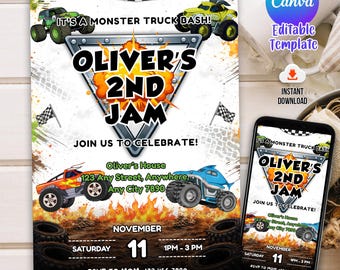Invitación de Monster Truck, plantilla editable de invitación de cumpleaños de Monster Truck para niños, invitación de cumpleaños de camiones, invitación de Monster Truck