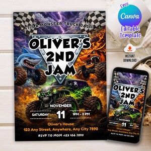 Puede incluir: Una invitaci&oacute;n a una fiesta tem&aacute;tica de monster trucks. La invitaci&oacute;n presenta ilustraciones de monster trucks con un tibur&oacute;n, un drag&oacute;n y una calavera. El texto dice "Oliver's 2nd Jam" e incluye detalles del evento.