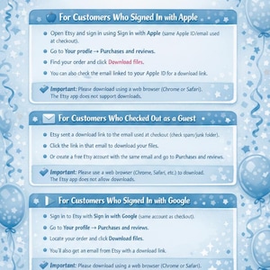 Puede incluir: Gr&aacute;fico azul claro con instrucciones para descargar archivos de Etsy. El texto blanco se destaca sobre un fondo festivo con globos y estrellas.