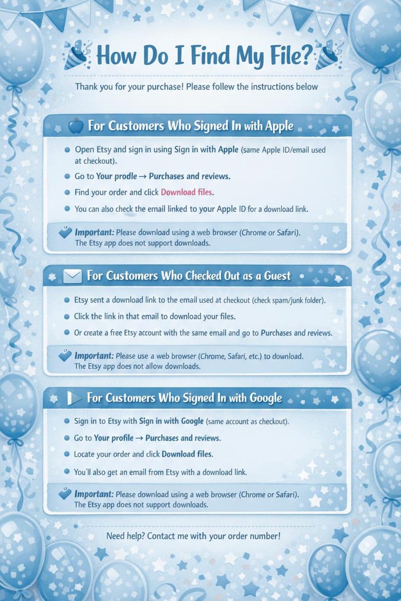 Puede incluir: Gr&aacute;fico azul claro con instrucciones para descargar archivos de Etsy. El texto blanco se destaca sobre un fondo festivo con globos y estrellas.