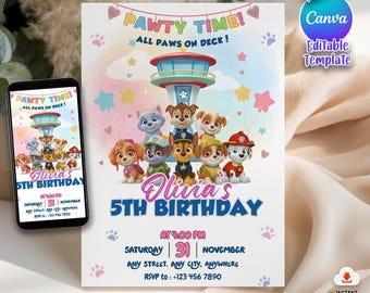 Plantilla editable de invitación de cumpleaños de Paw-ty, invitación para fiesta infantil, cumpleaños de cachorros de la Patrulla de Cachorros para niños y niñas, descarga de Canva