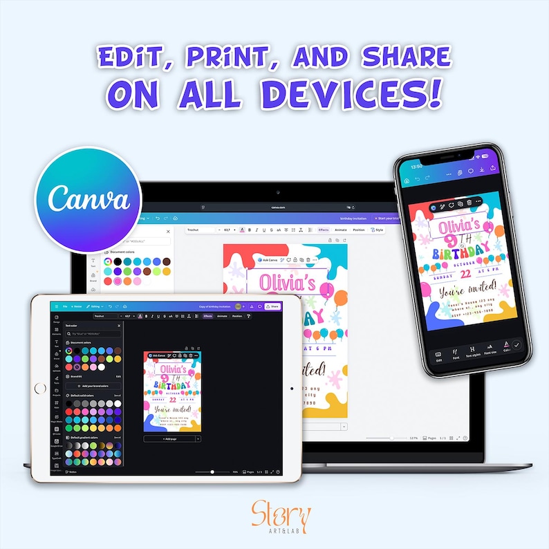 Puede incluir: Una invitaci&oacute;n digital para el 9&ordm; cumplea&ntilde;os de Olivia, mostrada en una tableta, un port&aacute;til y un smartphone. El dise&ntilde;o presenta globos coloridos y el texto "Olivia's 9th Birthday". La imagen tambi&eacute;n incluye el logotipo de Canva y el texto "Edit, Print, and Share on All Devices!"