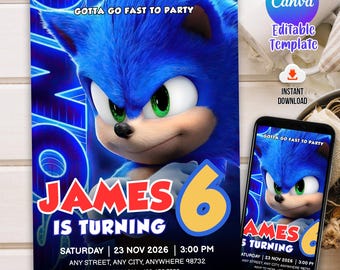 Invitación de cumpleaños de Sonic para fiesta infantil, invitación para fiesta de Sonic el Erizo, cumpleaños editable de Sonic 3 para niñas, descarga instantánea