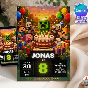 Puede incluir: Una invitación de cumpleaños con personajes pixelados, una tarta con velas y globos. La invitación incluye el nombre "Jonas" y el número "8", junto con los detalles del evento. El diseño tiene un tema de videojuego.