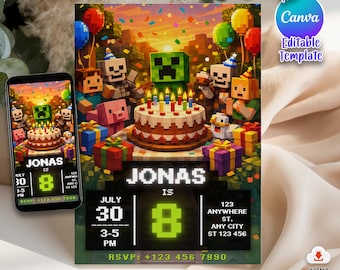 Invitación de cumpleaños de píxeles editable / Plantilla digital de temática de píxeles para descargar en Canva / Invitación a fiesta de bloques / Invitación de cumpleaños de gamer para niños