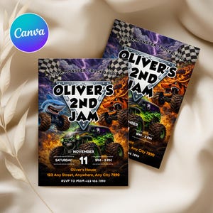 Puede incluir: Dos invitaciones para una fiesta de cumplea&ntilde;os con tem&aacute;tica de camiones monstruo. Las invitaciones presentan ilustraciones de camiones monstruo con dise&ntilde;os de tiburones, dragones y calaveras. El texto dice "Oliver's 2nd Jam" con detalles del evento.