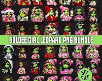 Paquete de PNG de chica con estampado de leopardo y boujee navideño, clipart de chica con café navideño, linda mujer Grinch verde PNG, PNG de vacaciones acogedoras, sublimación de mamá navideña