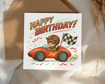 Wydrukowana kartka urodzinowa dla chłopców z motywem samochodu wyścigowego. Zabawne życzenia urodzinowe dla dzieci. Szablon PDF DIY.