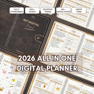 Può includere: Un diario digitale marrone con il testo "2026 MY DIGITAL Journal" e "2026 ALL IN ONE DIGITAL PLANNER". Il diario presenta un tema celeste, pagine completamente ipertestuali e oltre 500 pagine con 40+ pagine di note.